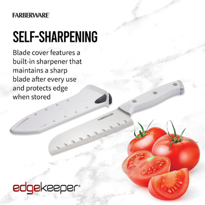 Edgekeeper Triple Riveted Santoku Knife with Self-Sharpening Blade Cover, High Carbon-Stainless Steel Kitchen Knife with Ergonomic Handle, Razor-Sharp Knife, 5 Inch, White