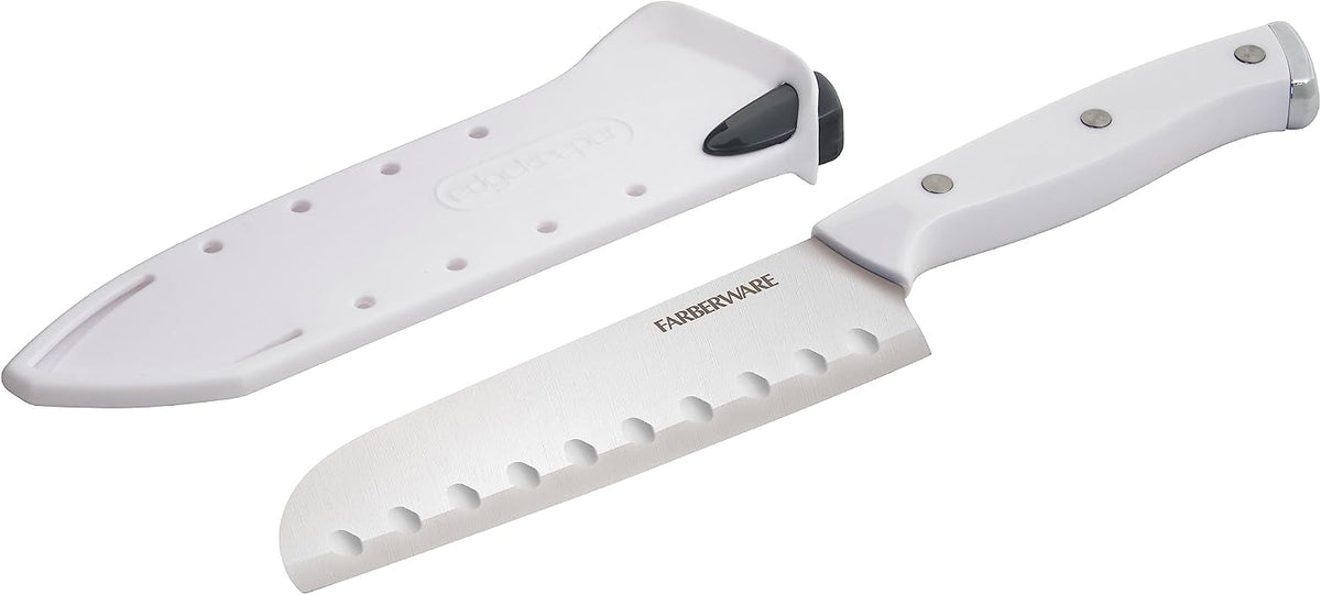 Edgekeeper Triple Riveted Santoku Knife with Self-Sharpening Blade Cover, High Carbon-Stainless Steel Kitchen Knife with Ergonomic Handle, Razor-Sharp Knife, 5 Inch, White