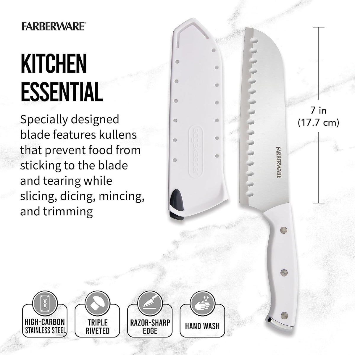 Edgekeeper Triple Riveted Santoku Knife with Self-Sharpening Blade Cover, High Carbon-Stainless Steel Kitchen Knife with Ergonomic Handle, Razor-Sharp Knife, 5 Inch, White