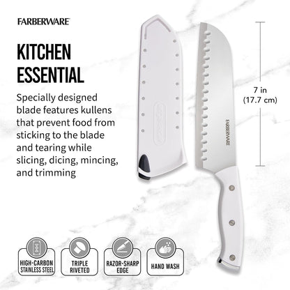 Edgekeeper Triple Riveted Santoku Knife with Self-Sharpening Blade Cover, High Carbon-Stainless Steel Kitchen Knife with Ergonomic Handle, Razor-Sharp Knife, 5 Inch, White