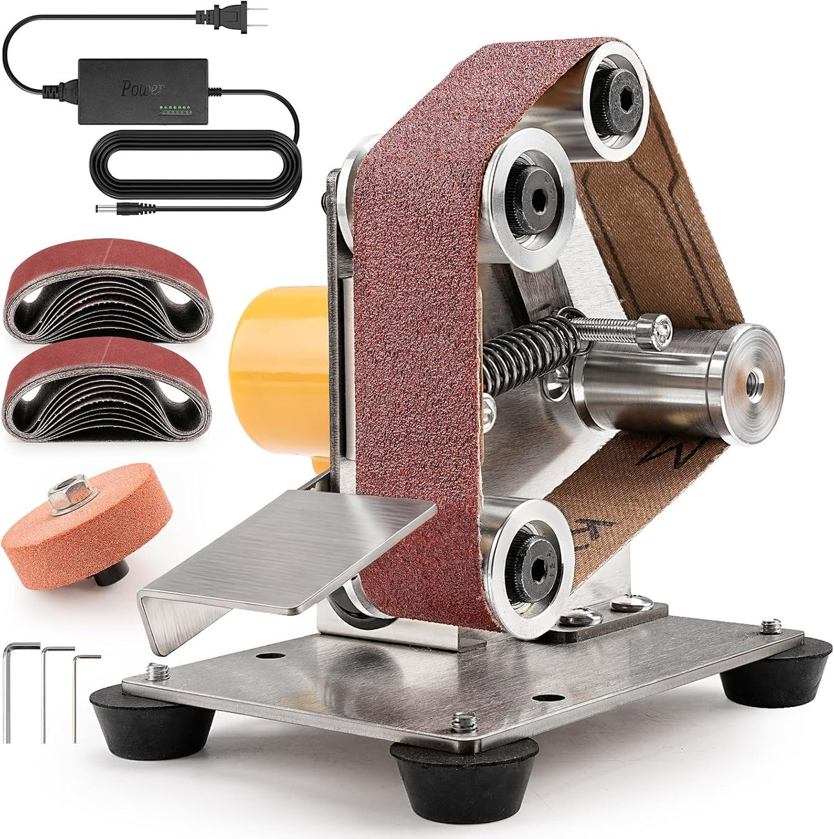 SI FANG Mini Electric Belt Sander Knife-Sharpener Small Bench Grinder | 7 Speed Adjustable Sanding Machine Kit For Knife Making, Wood Metal, Handcraft, Power Polisher DIY Polishing Grinding Tool