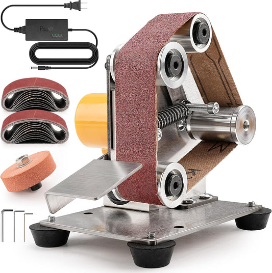SI FANG Mini Electric Belt Sander Knife-Sharpener Small Bench Grinder | 7 Speed Adjustable Sanding Machine Kit For Knife Making, Wood Metal, Handcraft, Power Polisher DIY Polishing Grinding Tool