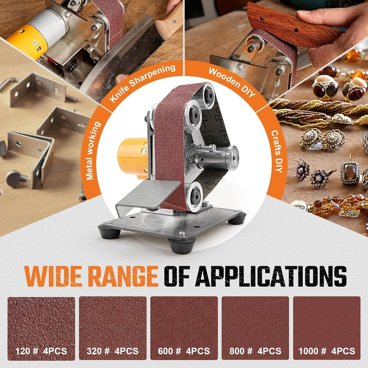 SI FANG Mini Electric Belt Sander Knife-Sharpener Small Bench Grinder | 7 Speed Adjustable Sanding Machine Kit For Knife Making, Wood Metal, Handcraft, Power Polisher DIY Polishing Grinding Tool