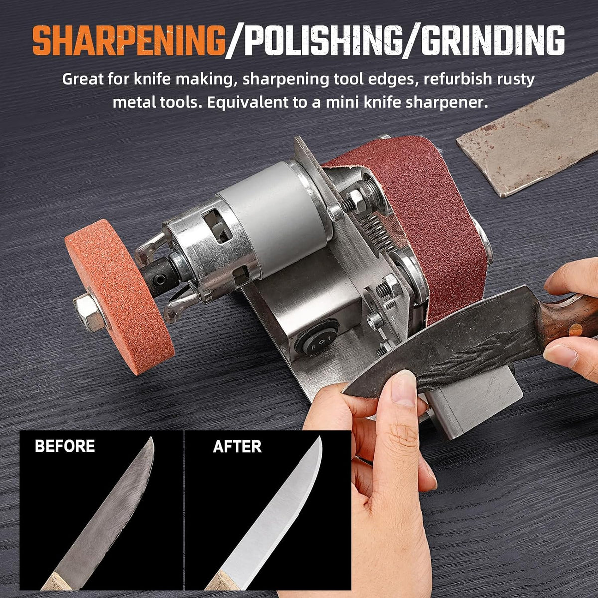 SI FANG Mini Electric Belt Sander Knife-Sharpener Small Bench Grinder | 7 Speed Adjustable Sanding Machine Kit For Knife Making, Wood Metal, Handcraft, Power Polisher DIY Polishing Grinding Tool
