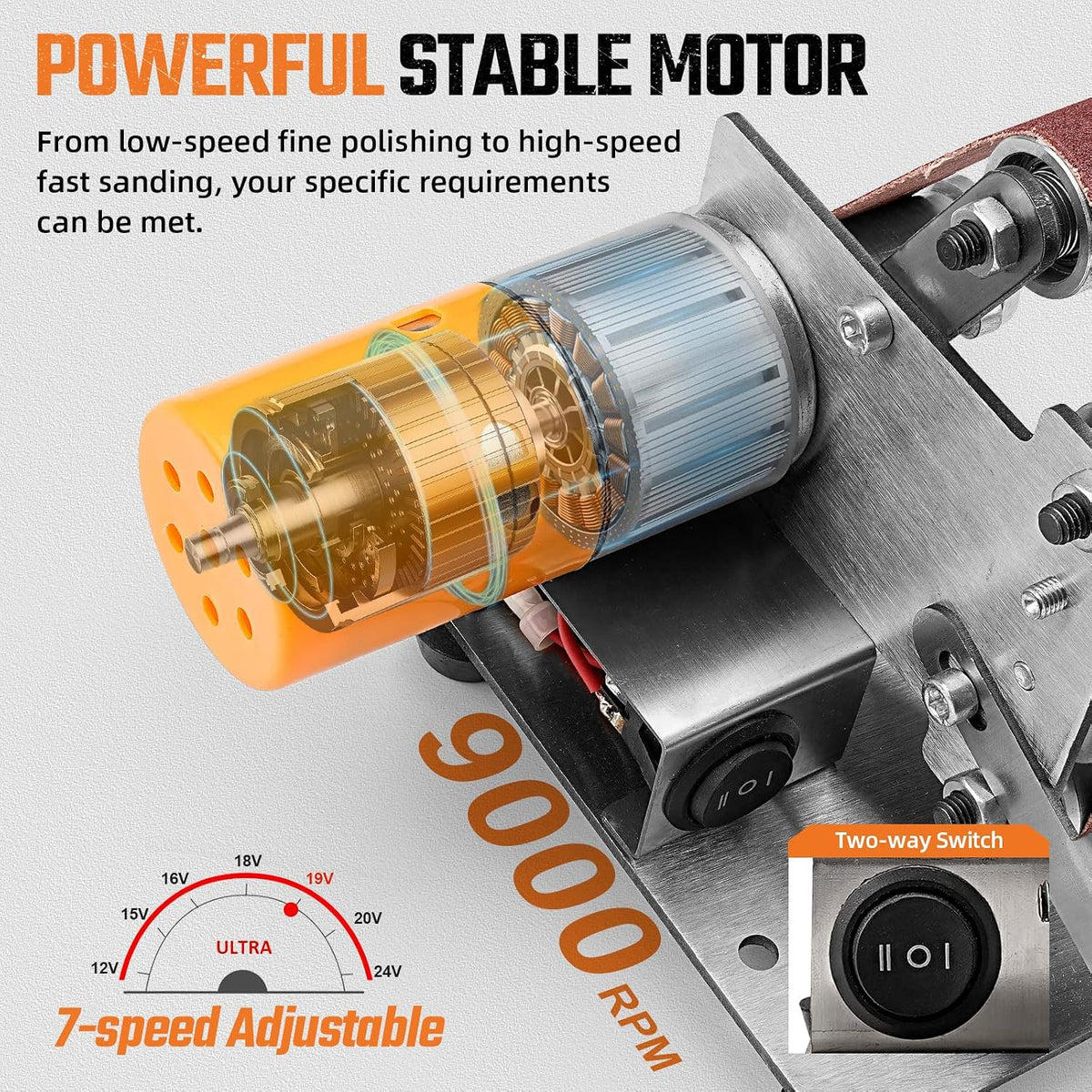 SI FANG Mini Electric Belt Sander Knife-Sharpener Small Bench Grinder | 7 Speed Adjustable Sanding Machine Kit For Knife Making, Wood Metal, Handcraft, Power Polisher DIY Polishing Grinding Tool