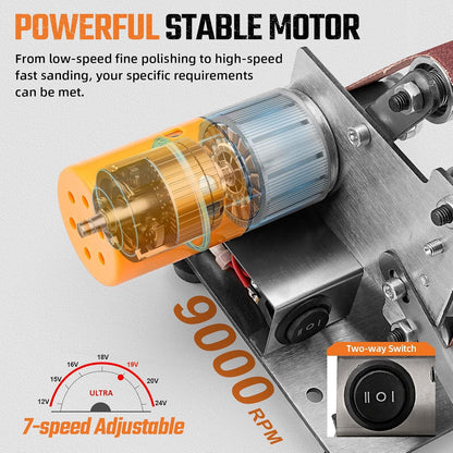 SI FANG Mini Electric Belt Sander Knife-Sharpener Small Bench Grinder | 7 Speed Adjustable Sanding Machine Kit For Knife Making, Wood Metal, Handcraft, Power Polisher DIY Polishing Grinding Tool