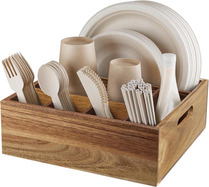 Acacia Wood Utensil Holder for Party - Paper Plate Organizer for Countertop - Silverware Caddy with 6 Compartments for Plate, Cup, Fork, Spoon - Cutlery Holder for Kitchen Camping Buffet