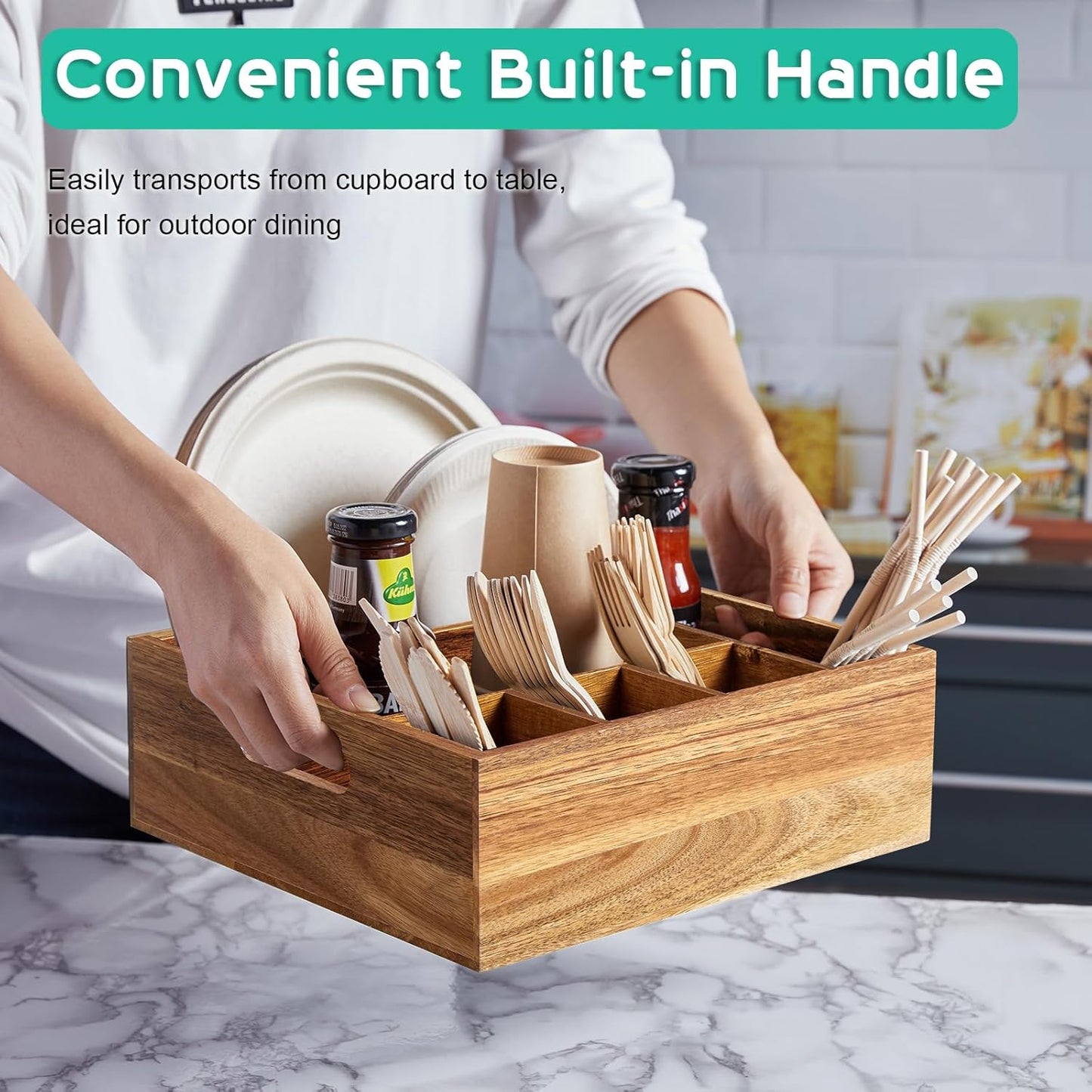 Acacia Wood Utensil Holder for Party - Paper Plate Organizer for Countertop - Silverware Caddy with 6 Compartments for Plate, Cup, Fork, Spoon - Cutlery Holder for Kitchen Camping Buffet