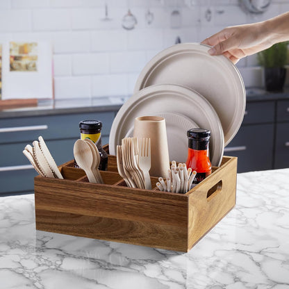Acacia Wood Utensil Holder for Party - Paper Plate Organizer for Countertop - Silverware Caddy with 6 Compartments for Plate, Cup, Fork, Spoon - Cutlery Holder for Kitchen Camping Buffet