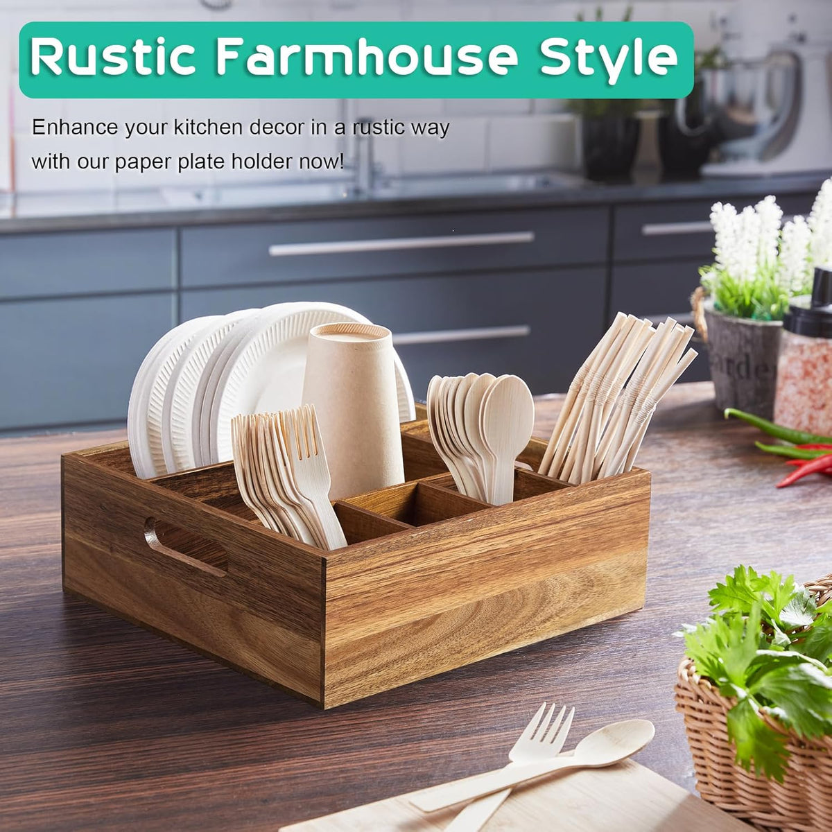 Acacia Wood Utensil Holder for Party - Paper Plate Organizer for Countertop - Silverware Caddy with 6 Compartments for Plate, Cup, Fork, Spoon - Cutlery Holder for Kitchen Camping Buffet