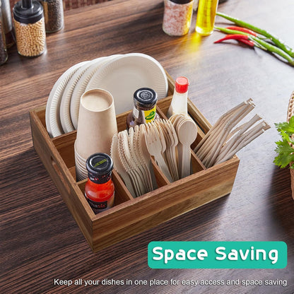 Acacia Wood Utensil Holder for Party - Paper Plate Organizer for Countertop - Silverware Caddy with 6 Compartments for Plate, Cup, Fork, Spoon - Cutlery Holder for Kitchen Camping Buffet