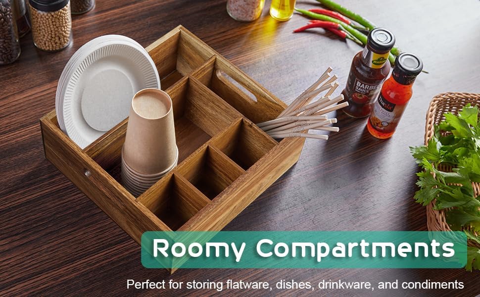 Acacia Wood Utensil Holder for Party - Paper Plate Organizer for Countertop - Silverware Caddy with 6 Compartments for Plate, Cup, Fork, Spoon - Cutlery Holder for Kitchen Camping Buffet