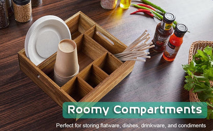 Acacia Wood Utensil Holder for Party - Paper Plate Organizer for Countertop - Silverware Caddy with 6 Compartments for Plate, Cup, Fork, Spoon - Cutlery Holder for Kitchen Camping Buffet