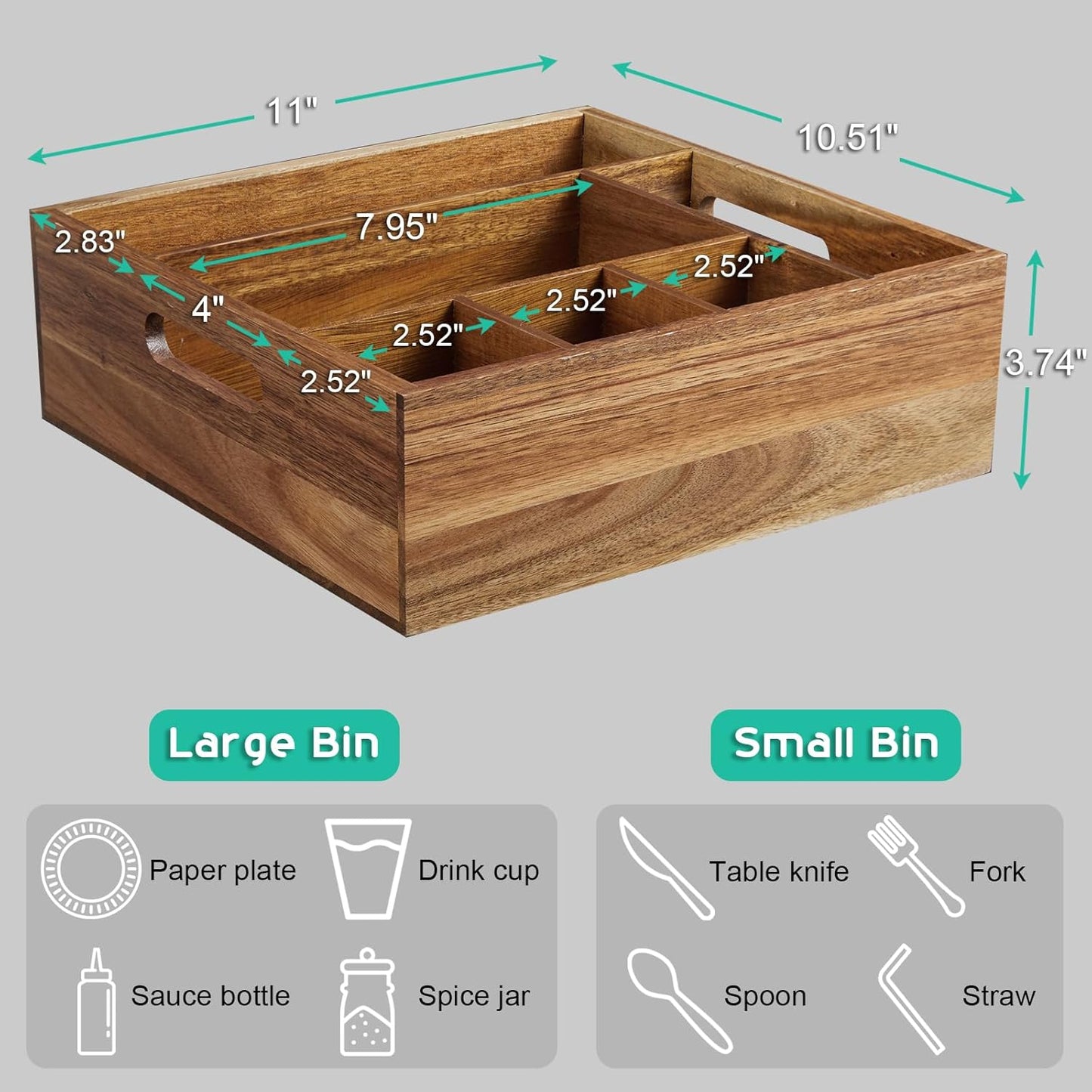 Acacia Wood Utensil Holder for Party - Paper Plate Organizer for Countertop - Silverware Caddy with 6 Compartments for Plate, Cup, Fork, Spoon - Cutlery Holder for Kitchen Camping Buffet
