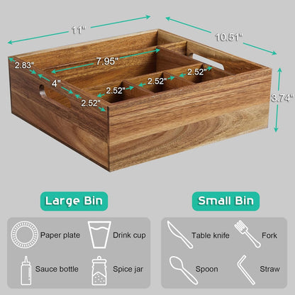 Acacia Wood Utensil Holder for Party - Paper Plate Organizer for Countertop - Silverware Caddy with 6 Compartments for Plate, Cup, Fork, Spoon - Cutlery Holder for Kitchen Camping Buffet