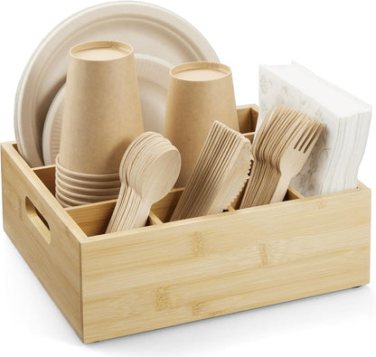 Acacia Wood Utensil Holder for Party - Paper Plate Organizer for Countertop - Silverware Caddy with 6 Compartments for Plate, Cup, Fork, Spoon - Cutlery Holder for Kitchen Camping Buffet
