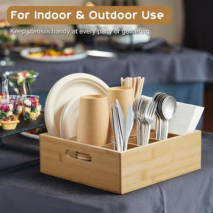 Acacia Wood Utensil Holder for Party - Paper Plate Organizer for Countertop - Silverware Caddy with 6 Compartments for Plate, Cup, Fork, Spoon - Cutlery Holder for Kitchen Camping Buffet