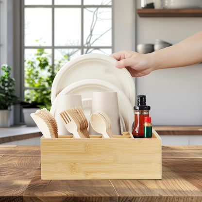 Acacia Wood Utensil Holder for Party - Paper Plate Organizer for Countertop - Silverware Caddy with 6 Compartments for Plate, Cup, Fork, Spoon - Cutlery Holder for Kitchen Camping Buffet
