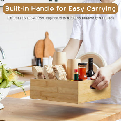 Acacia Wood Utensil Holder for Party - Paper Plate Organizer for Countertop - Silverware Caddy with 6 Compartments for Plate, Cup, Fork, Spoon - Cutlery Holder for Kitchen Camping Buffet