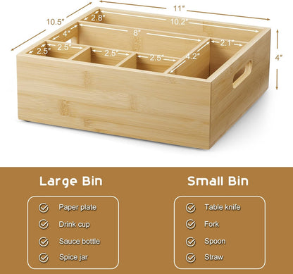 Acacia Wood Utensil Holder for Party - Paper Plate Organizer for Countertop - Silverware Caddy with 6 Compartments for Plate, Cup, Fork, Spoon - Cutlery Holder for Kitchen Camping Buffet