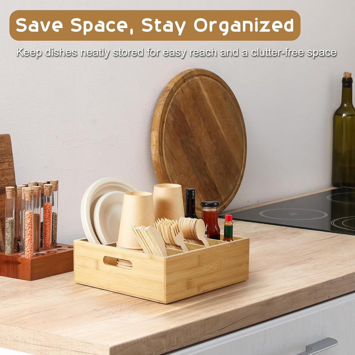 Acacia Wood Utensil Holder for Party - Paper Plate Organizer for Countertop - Silverware Caddy with 6 Compartments for Plate, Cup, Fork, Spoon - Cutlery Holder for Kitchen Camping Buffet