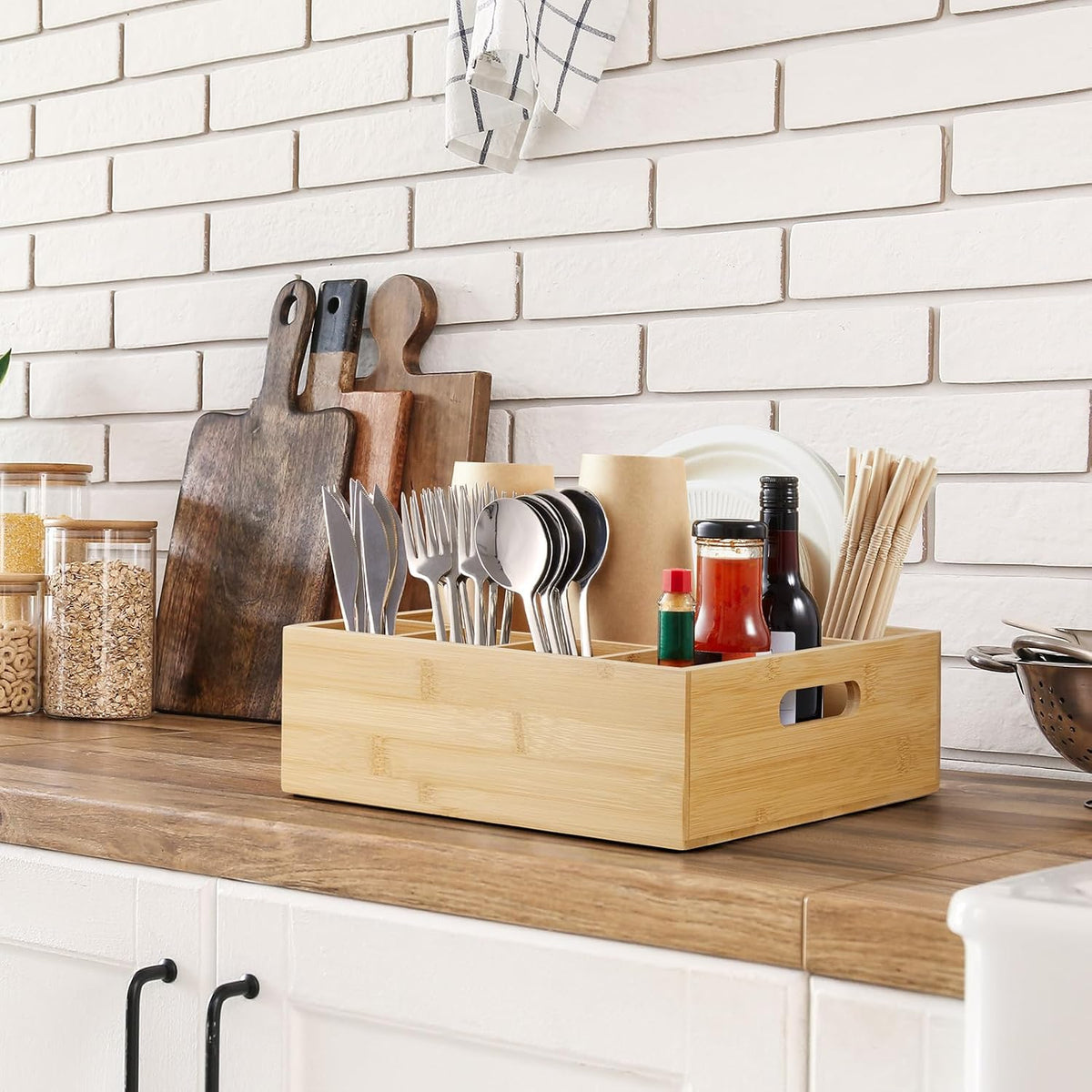 Acacia Wood Utensil Holder for Party - Paper Plate Organizer for Countertop - Silverware Caddy with 6 Compartments for Plate, Cup, Fork, Spoon - Cutlery Holder for Kitchen Camping Buffet
