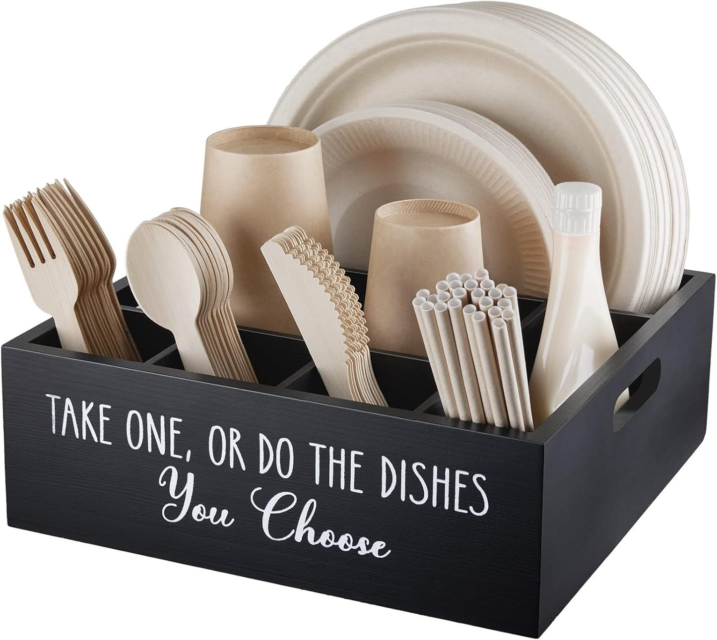 Acacia Wood Utensil Holder for Party - Paper Plate Organizer for Countertop - Silverware Caddy with 6 Compartments for Plate, Cup, Fork, Spoon - Cutlery Holder for Kitchen Camping Buffet
