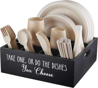 Acacia Wood Utensil Holder for Party - Paper Plate Organizer for Countertop - Silverware Caddy with 6 Compartments for Plate, Cup, Fork, Spoon - Cutlery Holder for Kitchen Camping Buffet
