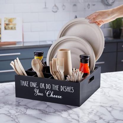 Acacia Wood Utensil Holder for Party - Paper Plate Organizer for Countertop - Silverware Caddy with 6 Compartments for Plate, Cup, Fork, Spoon - Cutlery Holder for Kitchen Camping Buffet