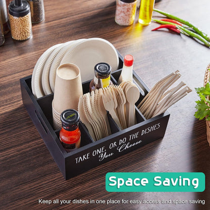 Acacia Wood Utensil Holder for Party - Paper Plate Organizer for Countertop - Silverware Caddy with 6 Compartments for Plate, Cup, Fork, Spoon - Cutlery Holder for Kitchen Camping Buffet