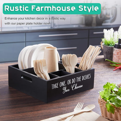 Acacia Wood Utensil Holder for Party - Paper Plate Organizer for Countertop - Silverware Caddy with 6 Compartments for Plate, Cup, Fork, Spoon - Cutlery Holder for Kitchen Camping Buffet