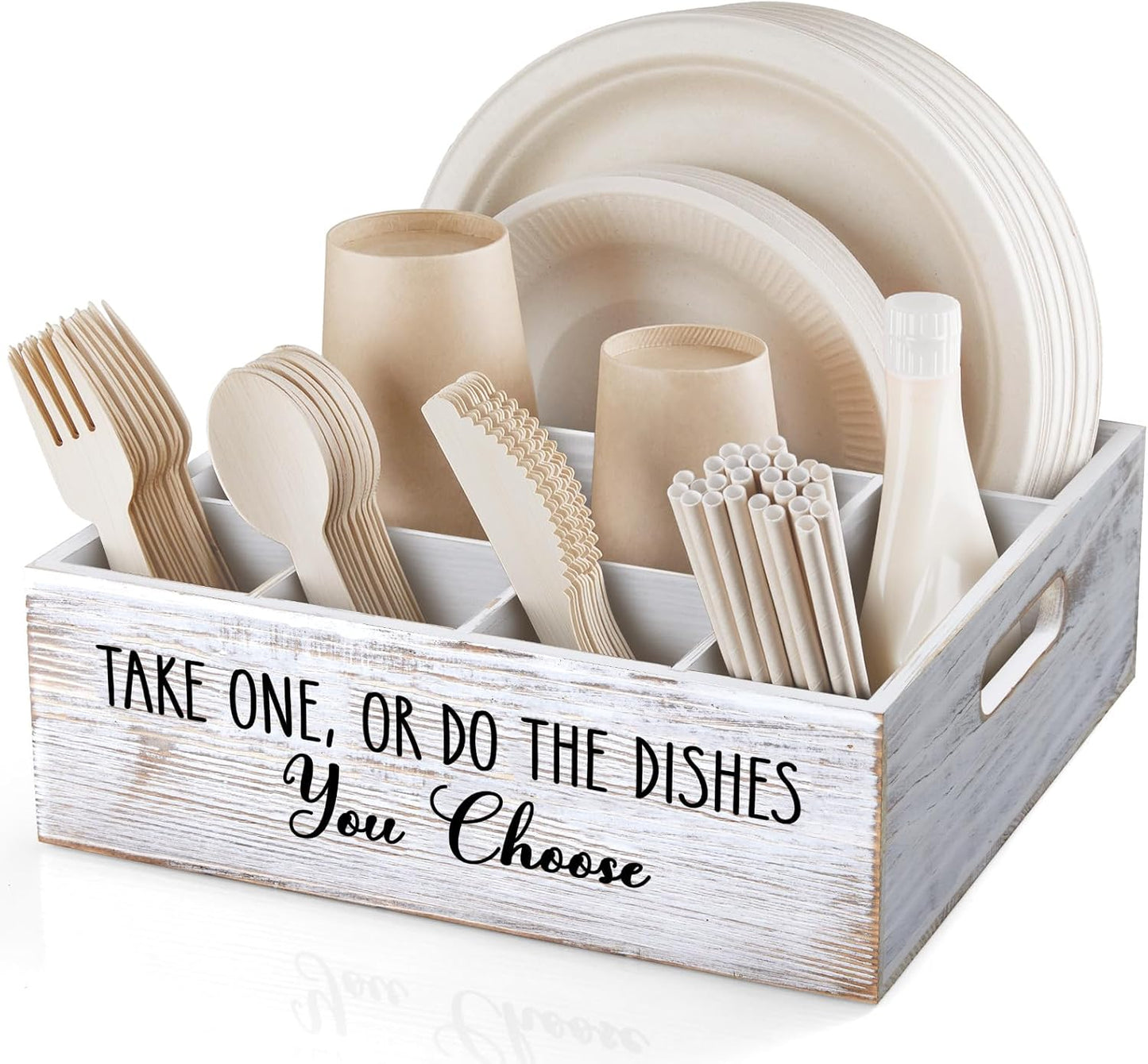 Acacia Wood Utensil Holder for Party - Paper Plate Organizer for Countertop - Silverware Caddy with 6 Compartments for Plate, Cup, Fork, Spoon - Cutlery Holder for Kitchen Camping Buffet