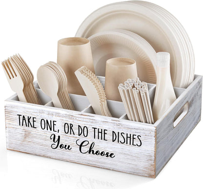 Acacia Wood Utensil Holder for Party - Paper Plate Organizer for Countertop - Silverware Caddy with 6 Compartments for Plate, Cup, Fork, Spoon - Cutlery Holder for Kitchen Camping Buffet