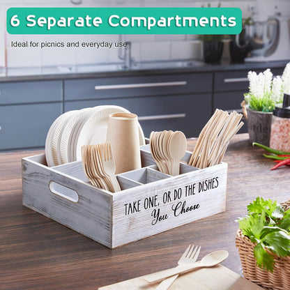 Acacia Wood Utensil Holder for Party - Paper Plate Organizer for Countertop - Silverware Caddy with 6 Compartments for Plate, Cup, Fork, Spoon - Cutlery Holder for Kitchen Camping Buffet