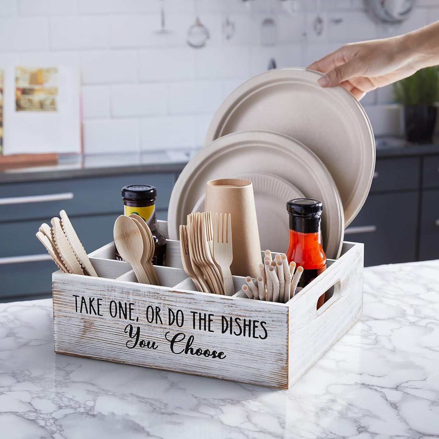 Acacia Wood Utensil Holder for Party - Paper Plate Organizer for Countertop - Silverware Caddy with 6 Compartments for Plate, Cup, Fork, Spoon - Cutlery Holder for Kitchen Camping Buffet