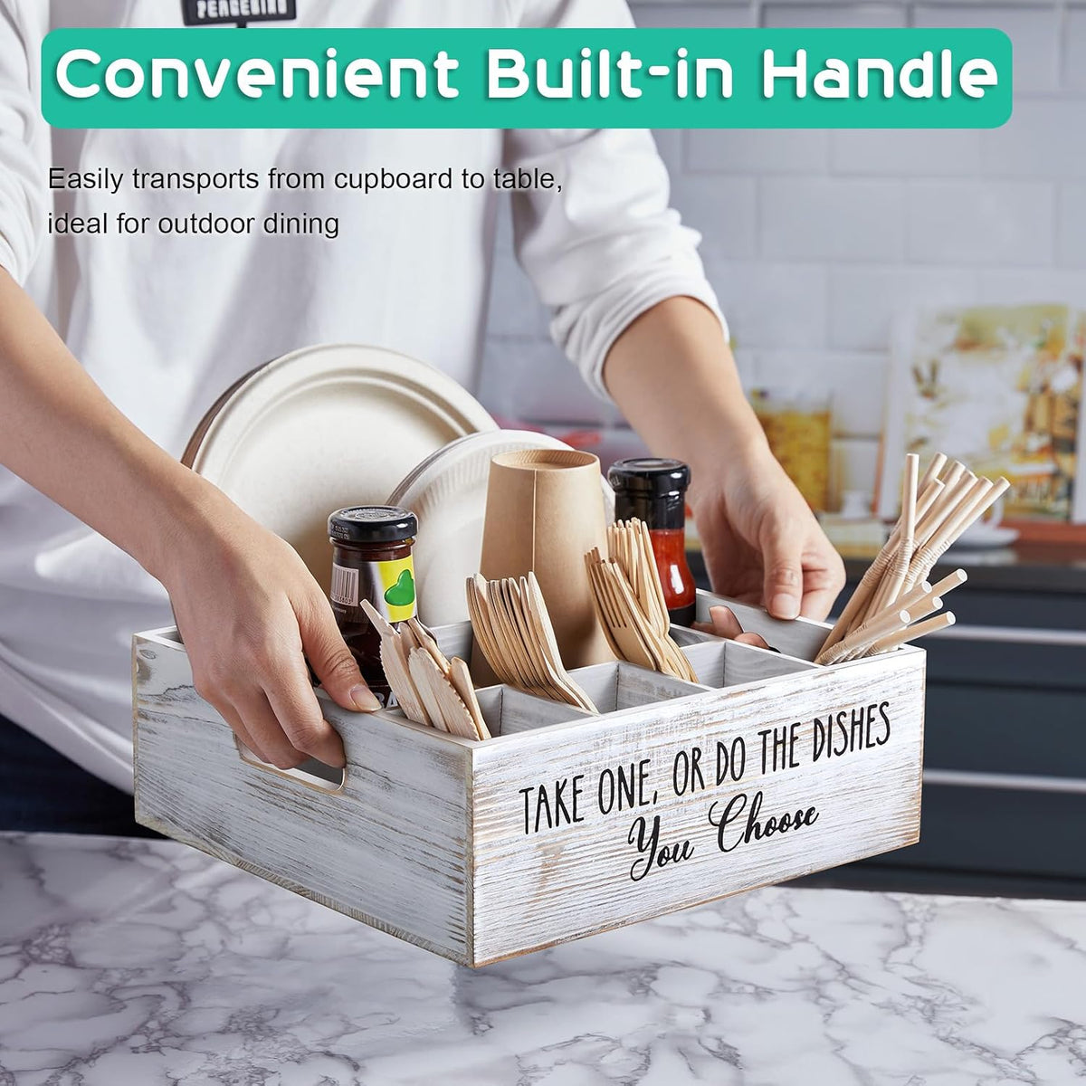 Acacia Wood Utensil Holder for Party - Paper Plate Organizer for Countertop - Silverware Caddy with 6 Compartments for Plate, Cup, Fork, Spoon - Cutlery Holder for Kitchen Camping Buffet