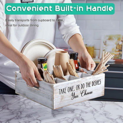 Acacia Wood Utensil Holder for Party - Paper Plate Organizer for Countertop - Silverware Caddy with 6 Compartments for Plate, Cup, Fork, Spoon - Cutlery Holder for Kitchen Camping Buffet