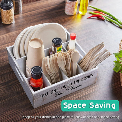 Acacia Wood Utensil Holder for Party - Paper Plate Organizer for Countertop - Silverware Caddy with 6 Compartments for Plate, Cup, Fork, Spoon - Cutlery Holder for Kitchen Camping Buffet