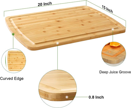 Extra Large Carbonized Bamboo Long Cutting Board, 18x12 Inch Butcher Block Chopping Carving Board with Juice Groove for kitchen, Turkey, Meat, Vegetables, BBQ