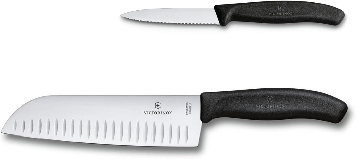 Swiss Classic 2-Piece Kitchen Starter Set, 7" Santoku Knife and 3.25" Serrated Paring Knife, Black