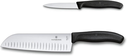 Swiss Classic 2-Piece Kitchen Starter Set, 7" Santoku Knife and 3.25" Serrated Paring Knife, Black
