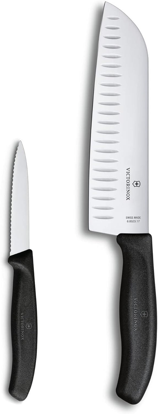 Swiss Classic 2-Piece Kitchen Starter Set, 7" Santoku Knife and 3.25" Serrated Paring Knife, Black