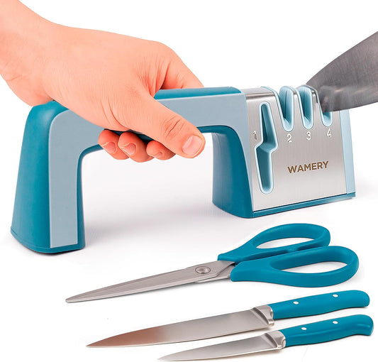 Knife & Scissors Sharpener, 4-Stage Pull-Through with Scissors Slot, Diamond & Ceramic Stages, Non-Slip Base, Ergonomic Handle - Restores Straight & Lightly Serrated Edges