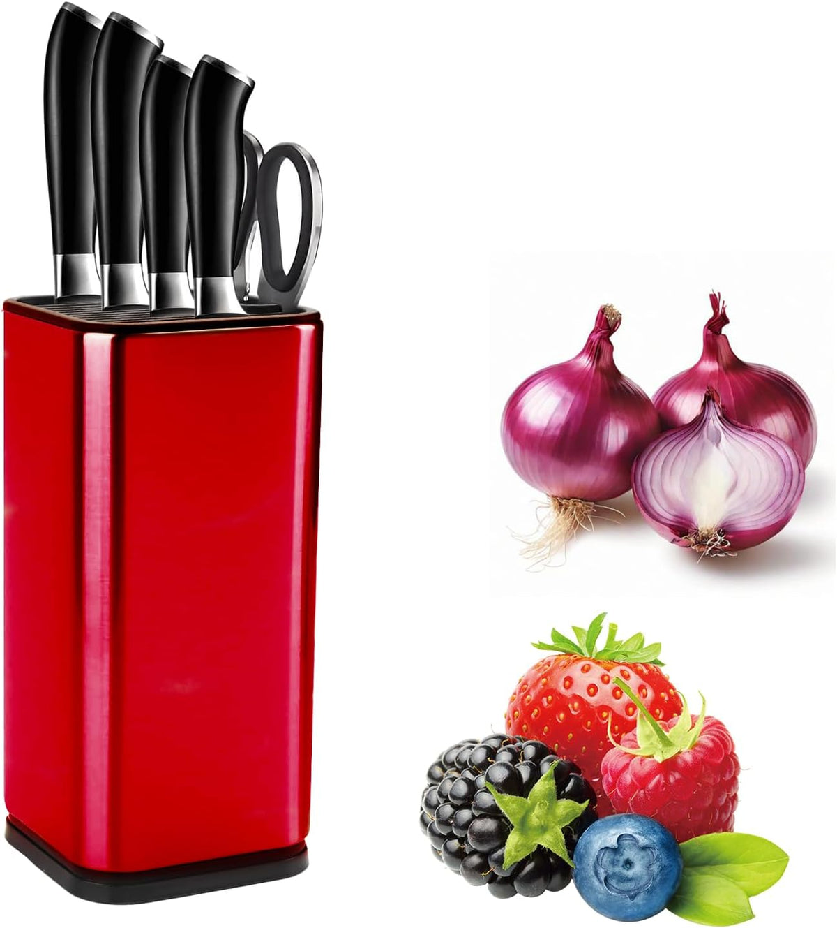 Universal Kitchen Knife Block Holder,Stainless-Steel Rectangular Knife Stand Without Knives,Knife Counter-top Storage with Scissors-Slot,Space-Saving Knife Storage Organizer (Red)