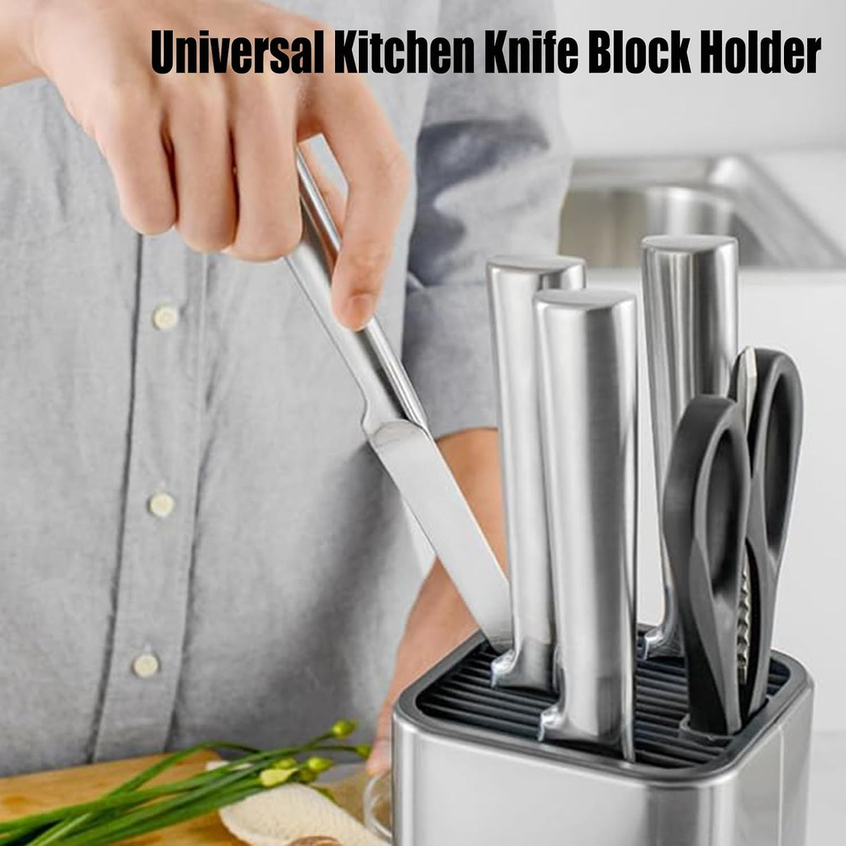 Universal Kitchen Knife Block Holder,Stainless-Steel Rectangular Knife Stand Without Knives,Knife Counter-top Storage with Scissors-Slot,Space-Saving Knife Storage Organizer (Red)