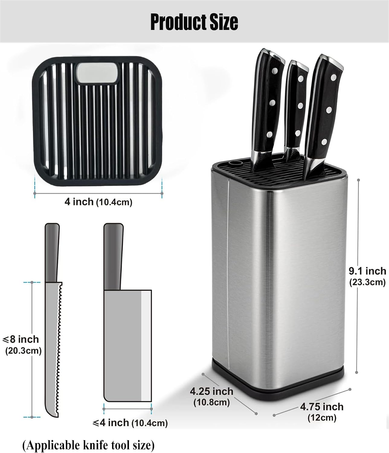 Universal Kitchen Knife Block Holder,Stainless-Steel Rectangular Knife Stand Without Knives,Knife Counter-top Storage with Scissors-Slot,Space-Saving Knife Storage Organizer (Red)