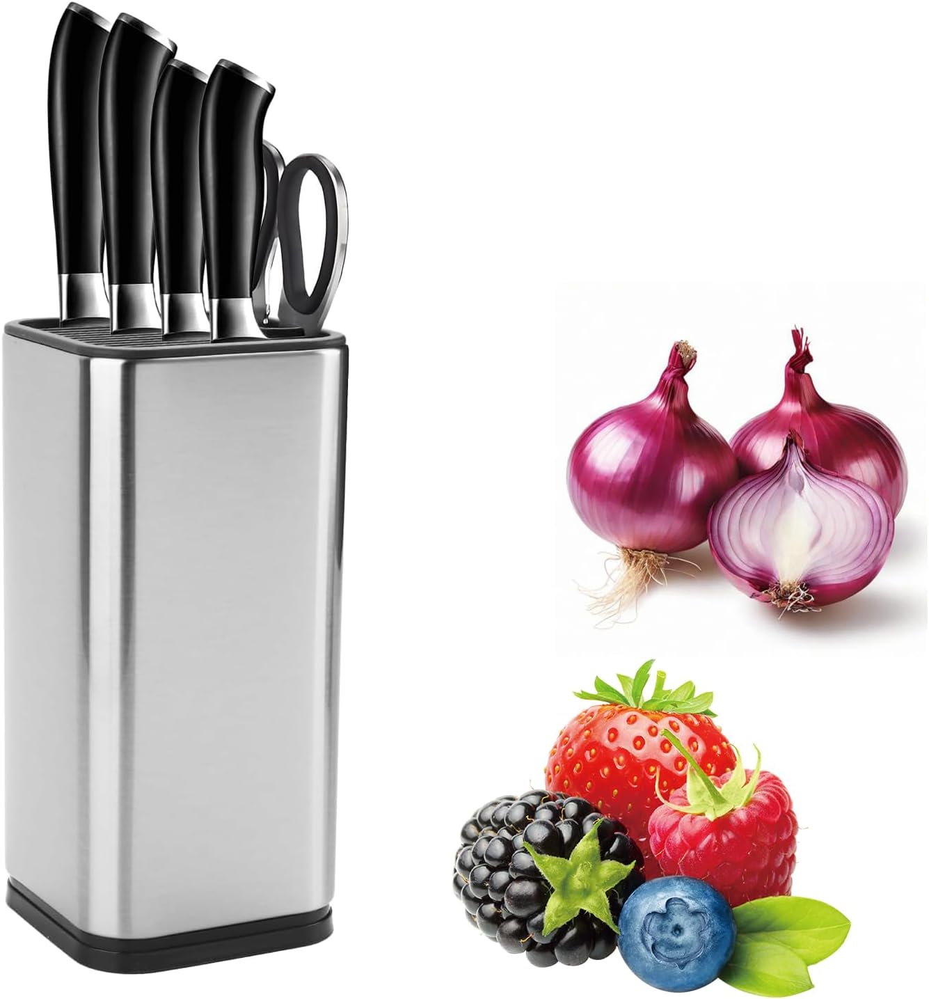 Universal Kitchen Knife Block Holder,Stainless-Steel Rectangular Knife Stand Without Knives,Knife Counter-top Storage with Scissors-Slot,Space-Saving Knife Storage Organizer (Red)