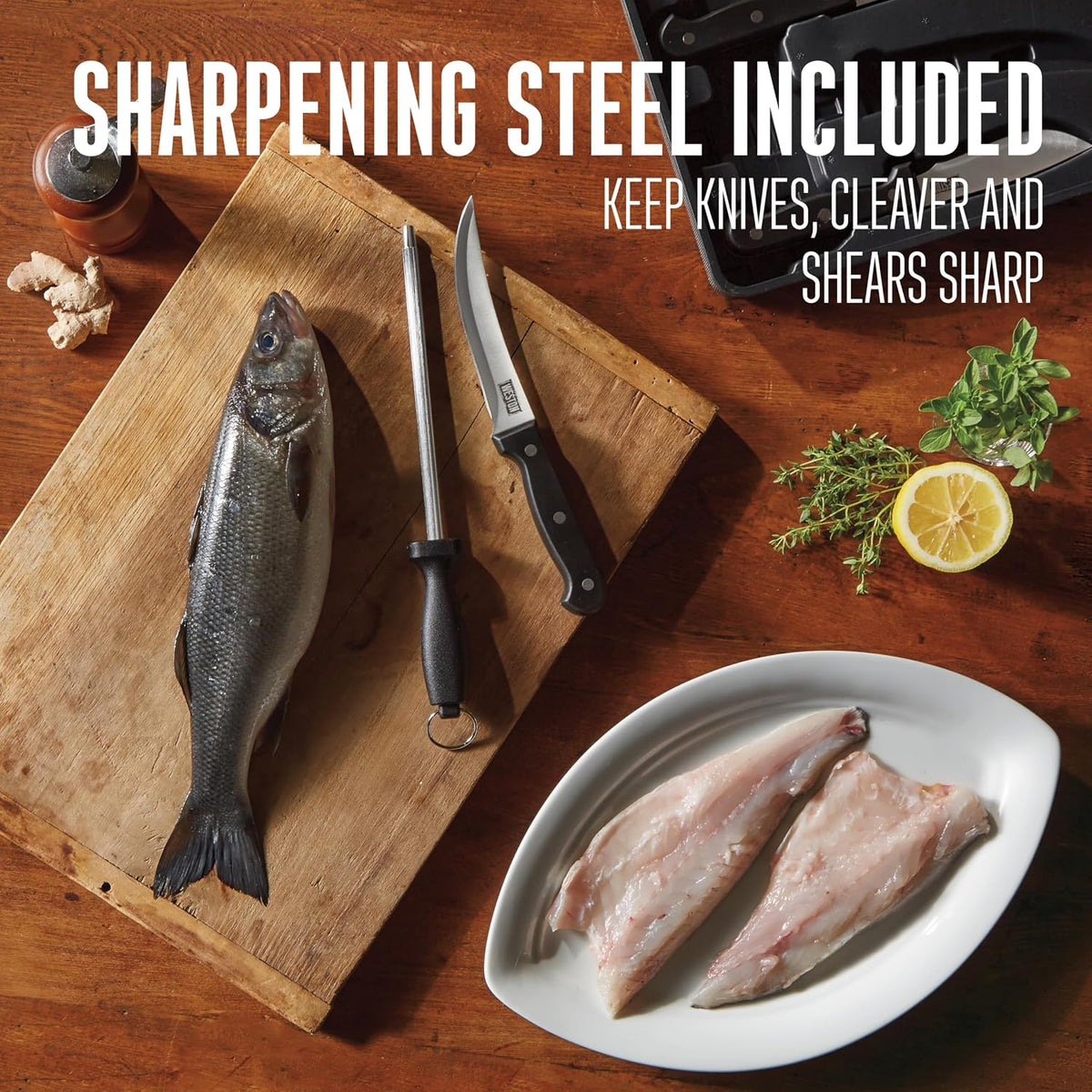 10-Piece Game Processing Knife Kit, 8" Butcher, 6" Cleaver, 5.3" Fillet, and 4.2" Skinning Knives, Adjustable 12.25" Butcher Saw, Sharpener, Shears & Storage Case, Stainless Steel (83-7001-W)