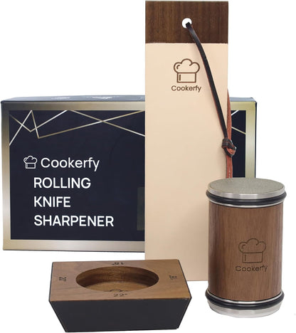 American Black Walnut Rolling Knife Sharpener - Kitchen Knife Sharpener with 4 Angles & Leather Strop - Afilador de Cuchillos SS304 Shaft - Sharpening Kit with Diamond-Coated & Ceramic Discs