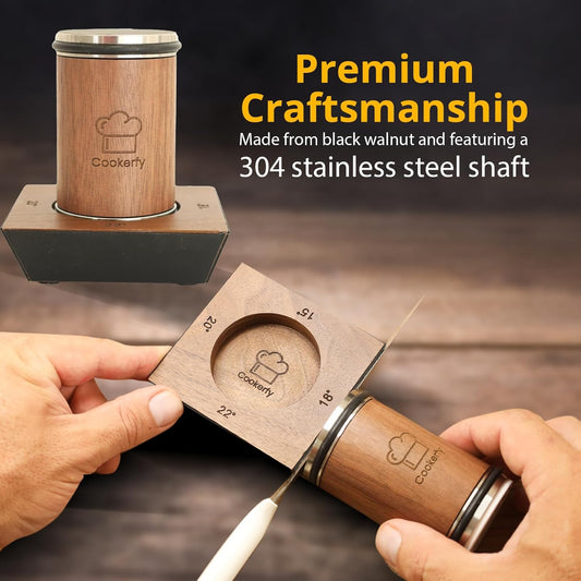 American Black Walnut Rolling Knife Sharpener - Kitchen Knife Sharpener with 4 Angles & Leather Strop - Afilador de Cuchillos SS304 Shaft - Sharpening Kit with Diamond-Coated & Ceramic Discs